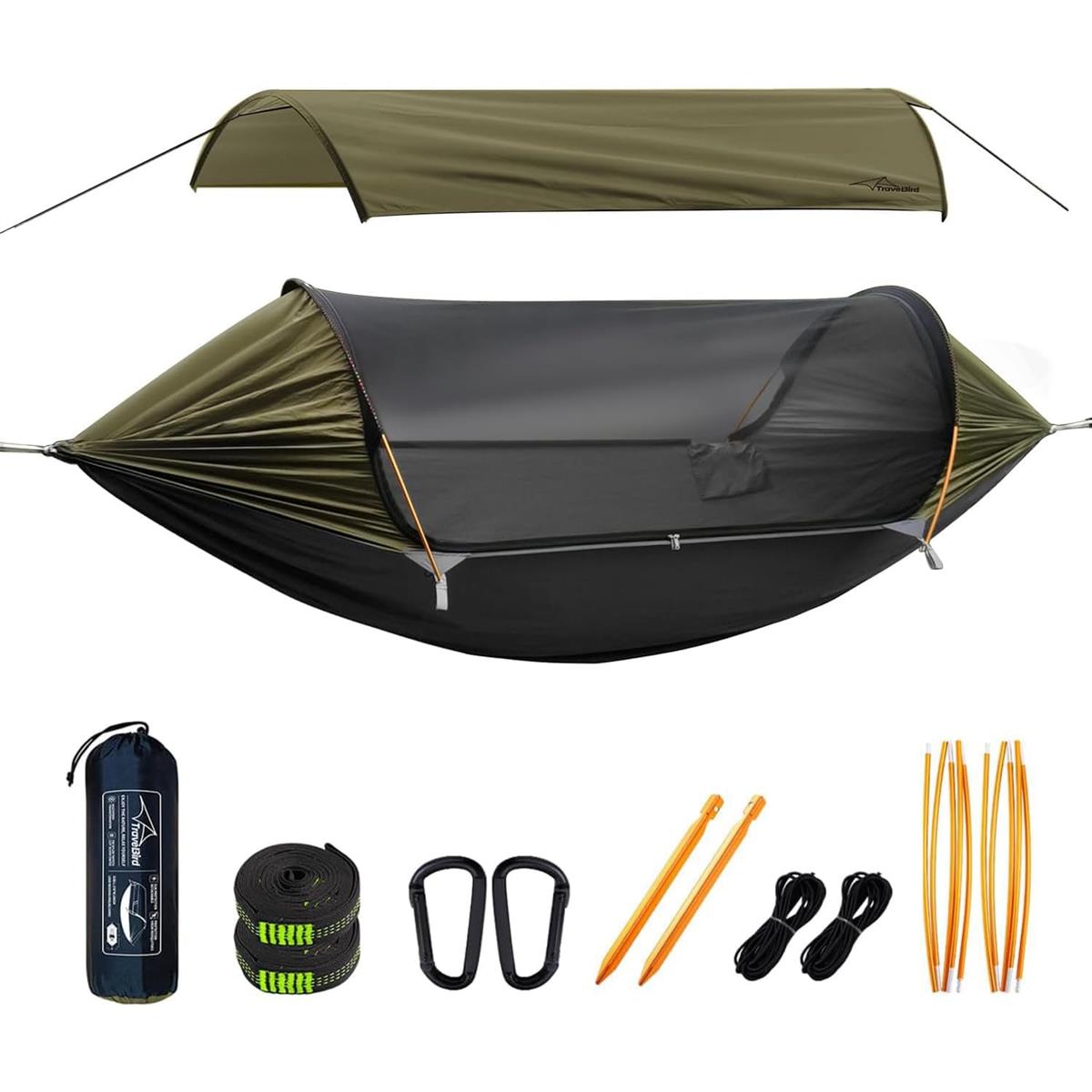 Travel Bird ハンモック テント 蚊帳付き 日焼け防止 3in1 多機能吊り床 270×140CM 通気 ポータブル 露営 空間広い アウトドア 軽量 便利 取付簡単 200kg荷重 収納袋付き アウトドア旅行 ハイキング 野営 公園。