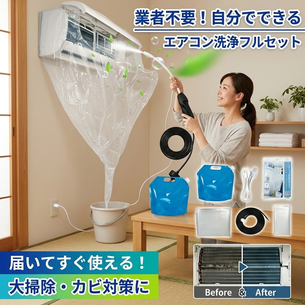 【女性も簡単丸洗い！】 エアコン 洗浄セット 自分でできる フルセット クリーニング 洗浄カバー 蓄圧式 噴霧器 スプレー カビ 除去 臭い 対策 掃除 キット 節約 初心者 安心 家庭用 壁掛け クーラー フィルター 大掃除 便利グッズ 洗浄機 エアコンクリーニング｜星明ショップ