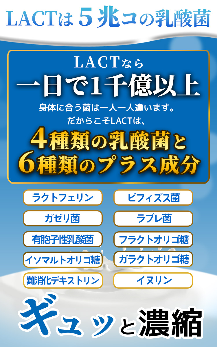 市場 5兆個の乳酸菌 LACT 乳酸菌 ラブレ菌 菌 ラクトフェリン 4種類の乳酸菌 善玉 ガゼリ菌 ビフィズス菌 イヌリン サプリ