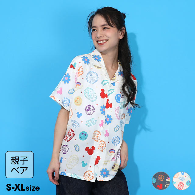 4/13NEW 親子お揃い ディズニー リゾート総柄 シャツ 1600A （ボトムス別売） ベビードール BABYDOLL 大人 ユニセックス 男女兼用 レディース メンズ DISNEY アロハシャツ ミッキー ミニー ドナルド デイジー