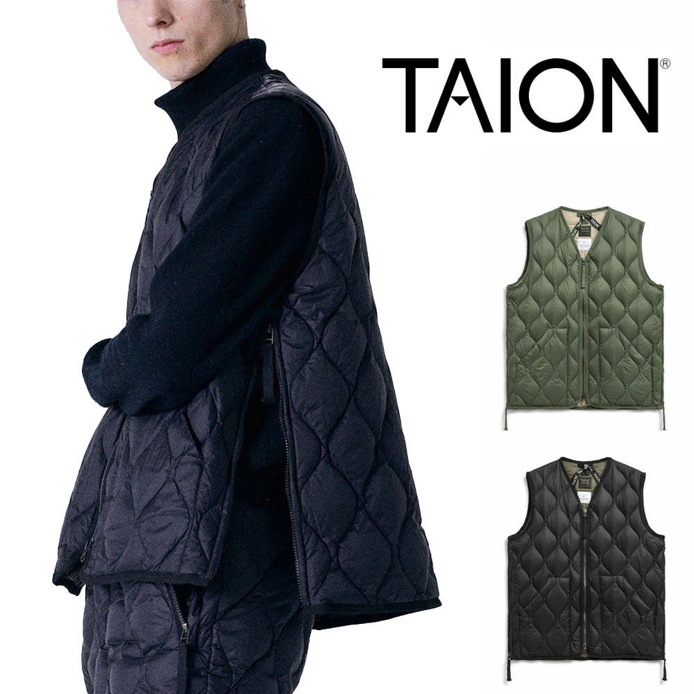 TAION-001ALSZML-1 ブラック / XL ミリタリー VネックWジップ ダウンベスト-ソフトシェル – TAION