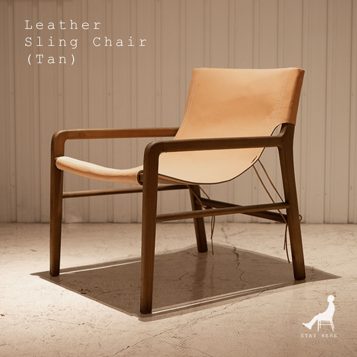 Teak Leather Sling Chair (Tan) チーク無垢材のタンレザーの椅子 天然皮革のチェア リビングチェア 書斎椅子 幅66cm 奥行き74cm 高さ78cm ミッドセンチュリーモダンなテイスト