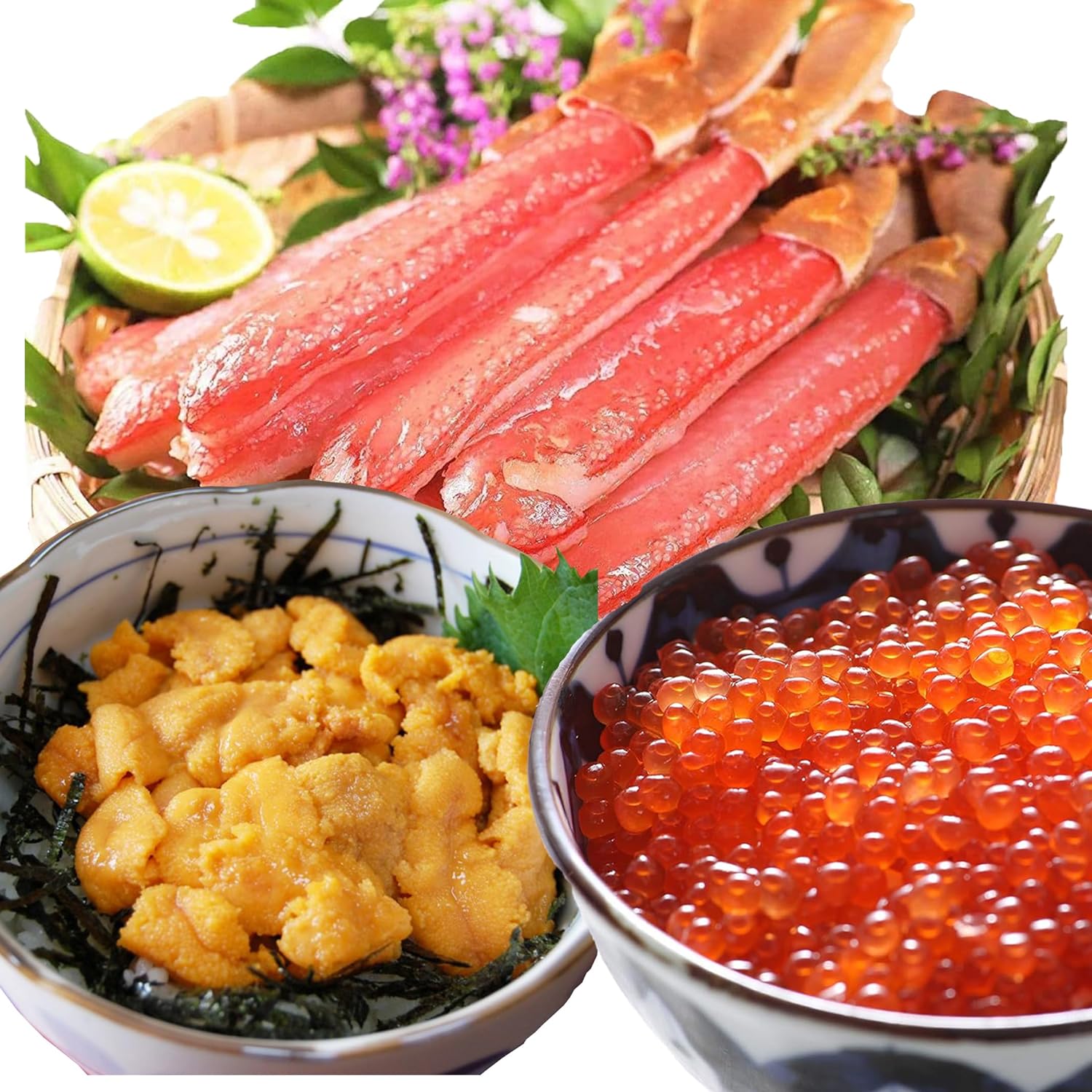ズワイガニ うに いくら 3種類贅沢セット 【 かに 500g(特大8-10本入)/ ウニ (100g)/ イクラ (250g) 】 高級 海鮮 福袋 2025 海鮮丼 刺身 カニ鍋 ずわいがに ミョウバン不使用無添加 雲丹 いくら醤油漬 いくら 海鮮セット 三色丼 海鮮