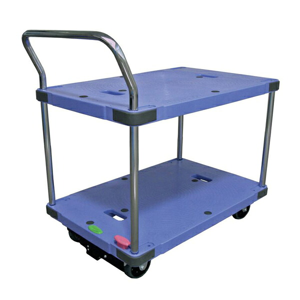 樹脂製運搬車（微音） 固定ハンドル ２段ハンドル スペシャルブレーキ付 積載荷重:300kg 積載面サイズ:長さ(L)90&times;幅(D)60cm 床面高:20.3cm ハンドル高さ:99.1cm キャスター:φ125・グレーゴム・国産キャスター使用 自重(23.5)kg｜スチールコムショップ