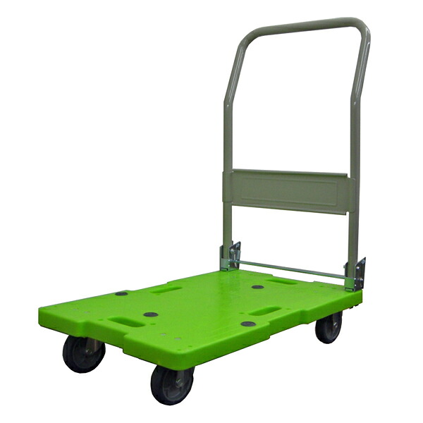 脂製持ちはこぶ車（微音） 折畳み手持ち部分 積み上げる掛け目:120kg 積み上げる面大きさ:長さ(L)70.5×幅(D)45珊 床面高:14.4珊 手持ち部分高さ:86珊 キャスター:φ100・グレーエラストマー・国産キャスター当て嵌める 用心深さ(7)kg