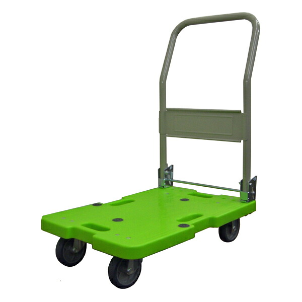 脂製持ちはこぶ車（微音） 折畳み手持ち部分 積み上げる掛け目:120kg 積み上げる面大きさ:長さ(L)60×幅(D)40珊 床面高:14.1珊 手持ち部分高さ:77.5珊 キャスター:φ100・グレーエラストマー・国産キャスター当て嵌める 用心深さ(6.0)kg