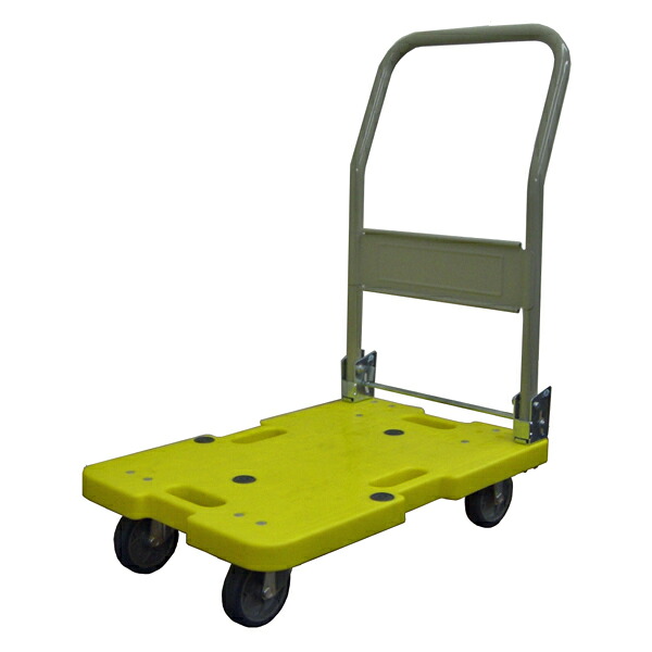脂製持ちはこぶ車（微音） 折畳み手持ち部分 積み上げる掛け目:120kg 積み上げる面大きさ:長さ(L)60×幅(D)40珊 床面高:14.1珊 手持ち部分高さ:77.5珊 キャスター:φ100・グレーエラストマー・国産キャスター当て嵌める 用心深さ(6)kg