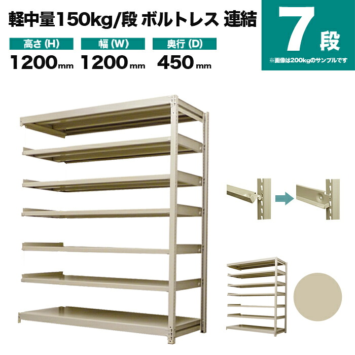 スチールラック 連結形式 高さ1200×幅1200×奥行450mm 7段 150kg/段(ボルトレス) 重量(45kg) s-150bl244b-7