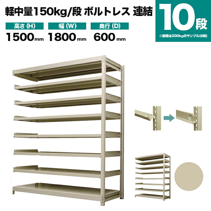 スチールラック 連結形式 高さ1500×幅1800×奥行600mm 10段 150kg/段(ボルトレス) 重量(125kg) s-150bl256c-10