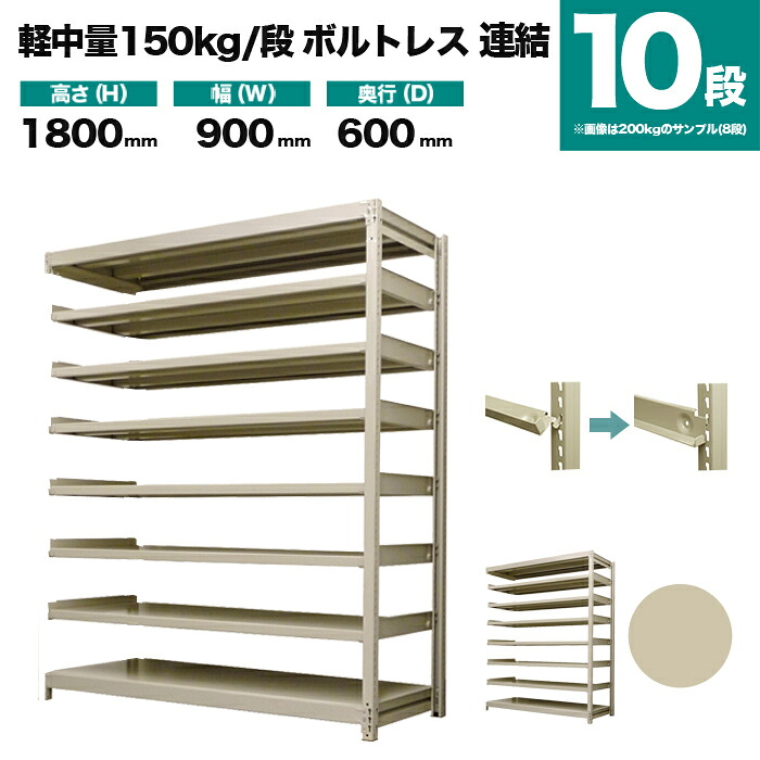 スチールラック 連結形式 高さ1800×幅900×奥行600mm 10段 150kg/段(ボルトレス) 重量(60kg) s-150bl263c-10