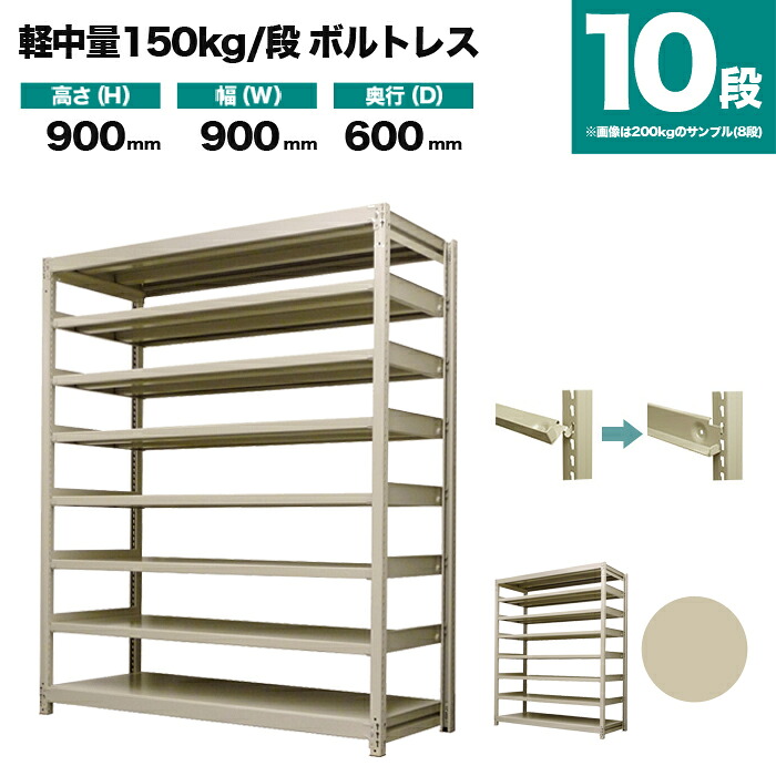スチールラック 単体形式 高さ900×幅900×奥行600mm 10段 150kg/段(ボルトレス) 重量(60kg) s-150bl133c-10