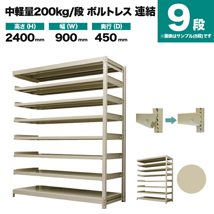 スチールラック 連結形式 高さ2400×幅900×奥行450mm 9段 200kg/段(ボルトレス) 重量(58kg) s-200bl283b-9
