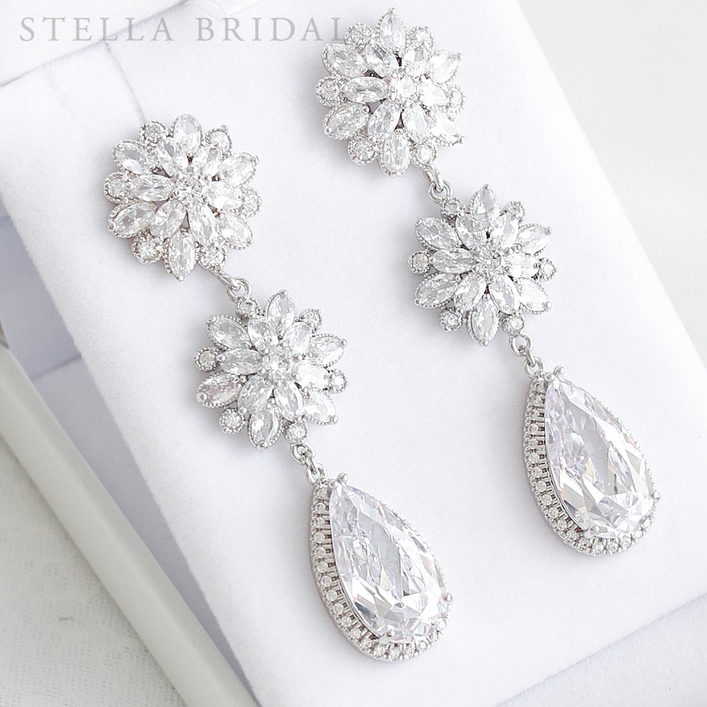 【STELLA BRIDAL公式】ブライダル ピアス イヤリング コラレット ロング ドロップ ビジュー シルバー｜ウェディングアクセサリー ブライダルアクセサリー ウエディング 大ぶり ロング 花嫁 花 揺れる 人気 ステラブライダル