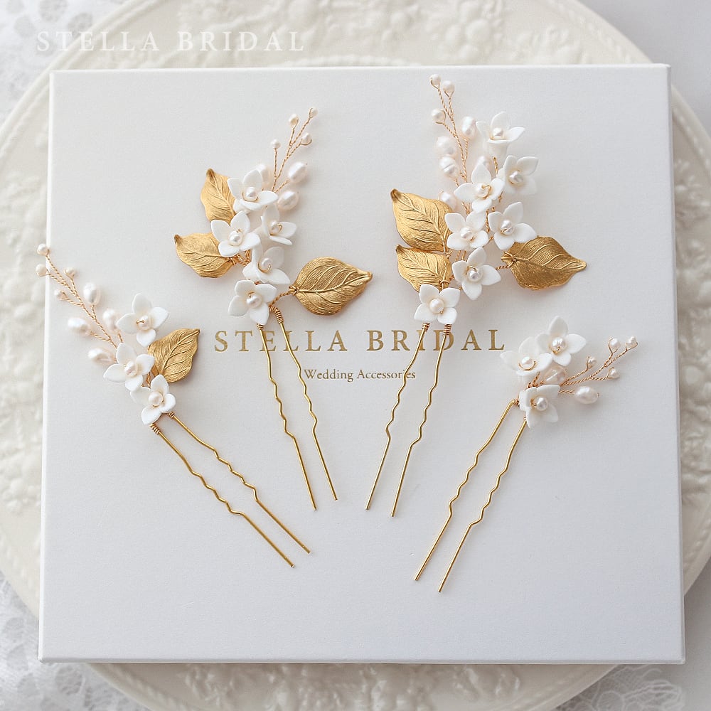 【STELLA BRIDAL公式】NY製 真鍮 ヘッドピース Belle ベル 4ピース セット|淡水パール ウェディングアクセサリー ブライダルアクセサリー ヘアアクセサリー ゴールド 和装 花嫁 花 挙式 ヘッドドレス ヘアアクセサリー ステラブライダル