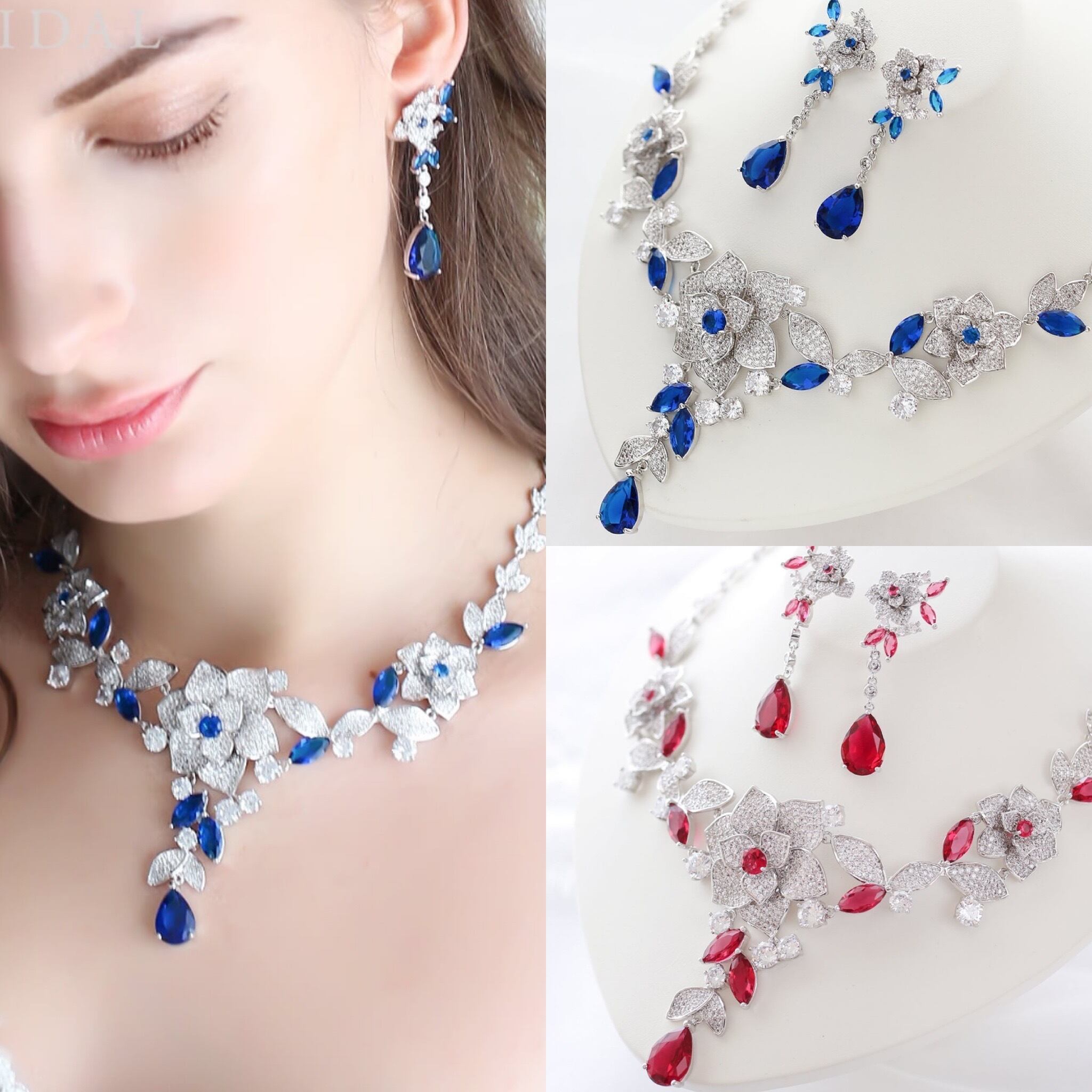 【STELLA BRIDAL公式】ブライダル アクセサリー セット ココフルール ロゼ ネックレス ピアス イヤリング｜ネイビー ブルー ルビー レッドキュービックジルコニア ステラブライダル ウェディング ウエディング ビジュー 大ぶり 花嫁 花 挙式 おしゃれ ゴールド