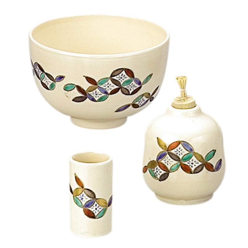 田中香泉(Tanaka Kousen) 茶箱用品 白 サイズ:縦19.5x横12.5x高さ8.6cm (外装) 茶箱用 利休茶碗 巾筒 振出 3点セット 仁清 破七宝