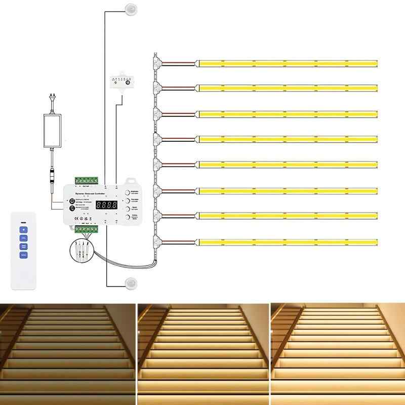 智能人感センサー内蔵 LED階段照明キット メイン線と日照センサー付属 リモコン調光可能 電球色 カット可能1m COB LEDテープライト（13段用 3000K）