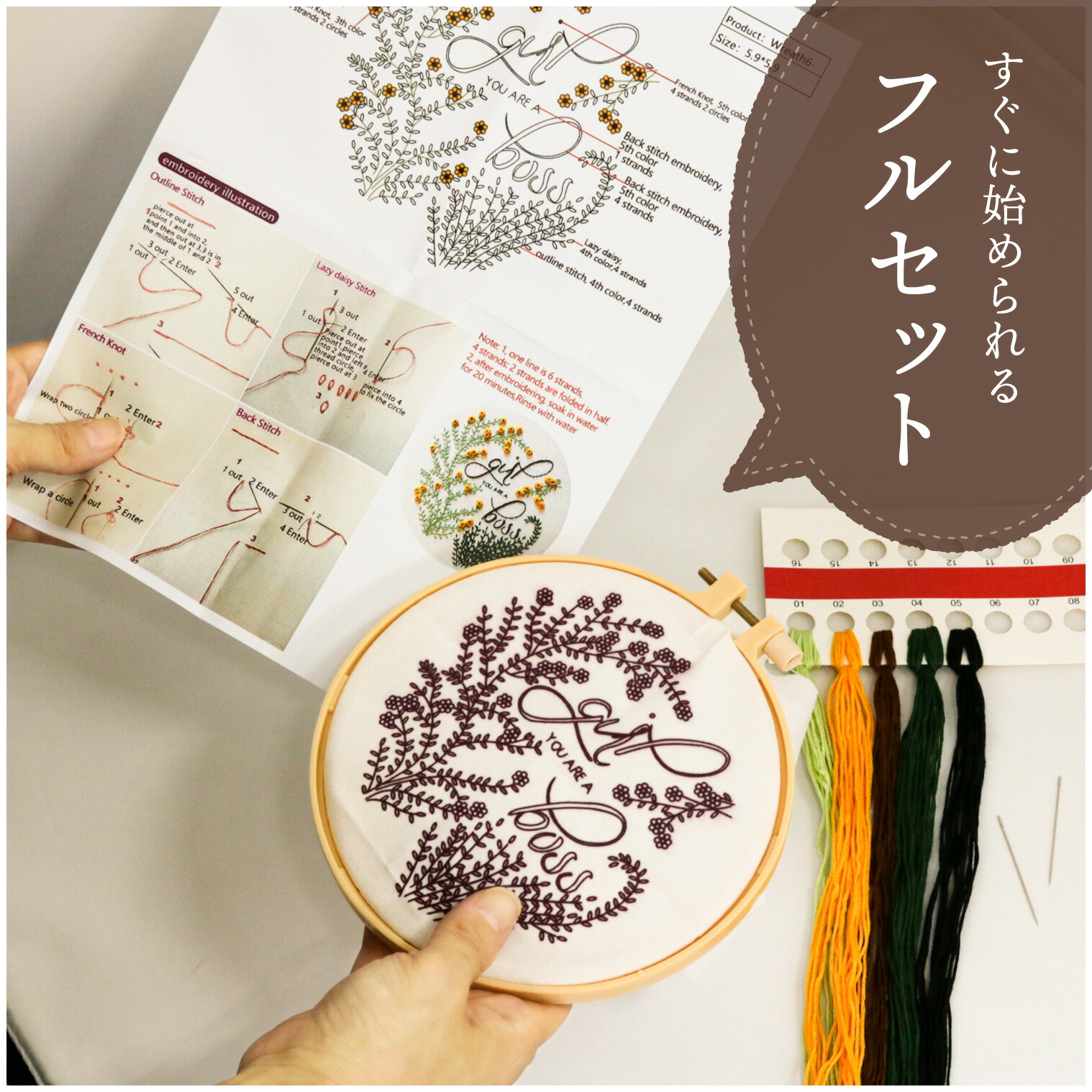 楽天市場 フランス刺繍 刺繍キット 図案 初心者 手芸 15cm cm フラワー刺繍 ナチュラル フープ 針 糸 生地 刺繍枠 刺繍セット おしゃれ かわいい 簡単 壁飾り インテリア マルニトイヤ楽天市場店