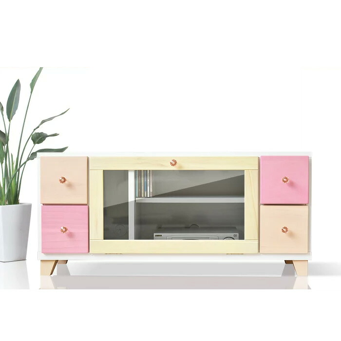 テレビボード ローボード テレビ台 100cm パイン 無垢 木目調 カラフル パステル ピンク イエロー ナチュラル ホワイト 脚付き 姫系 子供部屋 かわいい キラキラ クリスタル 取っ手 完成品 大川家具 日本製