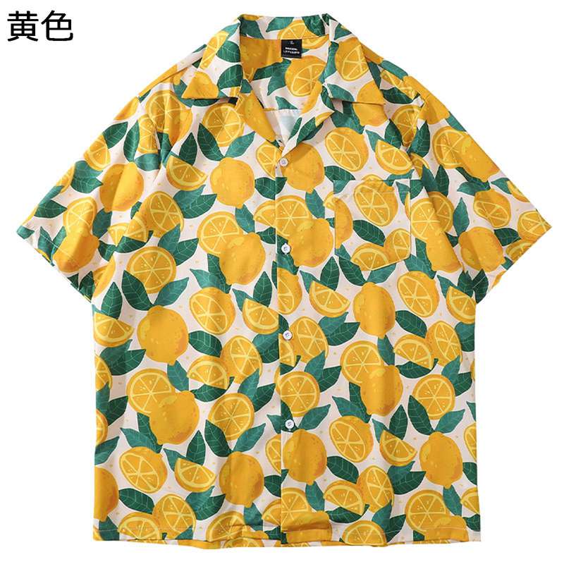 アロハシャツ メンズ ビーチシャツ 半袖 カジュアルシャツ カップル おしゃれ レモンプリント 柔らかい 通気性 開襟 ゆったり 薄手 夏服 日焼け止め 速乾 汗染み防止 ストリート リゾート 花火大会 お祭り
