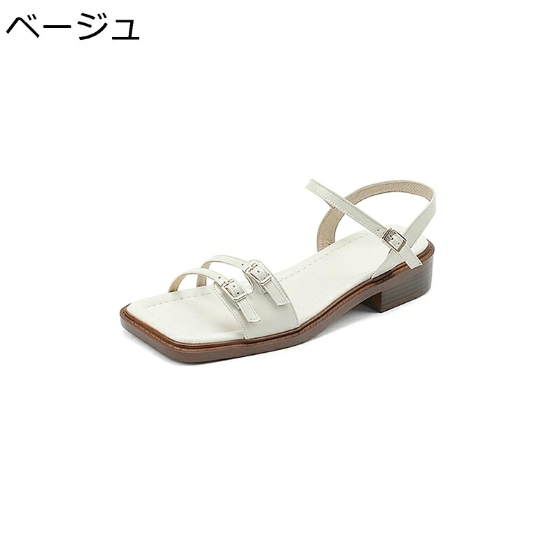 馬鹿でかい大いさ なめし革サンダル ダブル三尺帯 金属元素バックル 夏 ビーサン 本革 砂浜サンダル 革靴 置き目踵 レディース スクエアトゥ 太踵 個人的特徴的 通い通学 レトロ 歩き分かりやすい 差し上げ物