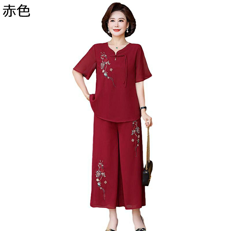 シニアファッション tシャツ 半袖 トップス セットアップ 刺繍 シフォン 中高年 レディース 夏服 イージーパンツ 9分丈 ゆったり 通気性 涼しい ルームウェア 部屋着 母の日 婦人服 中高年