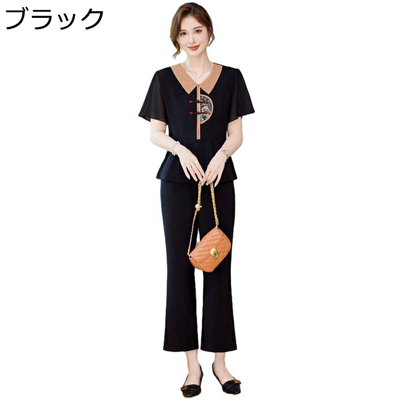 中華風 セットアップ tシャツ 半袖 ブラウス 9分 ワイドパンツ 丸襟 中華風 高齢者 シニアファッション お婆ちゃん服 大きいサイズ サマー 薄手 通気性 カジュアル リラックス 60代 70代
