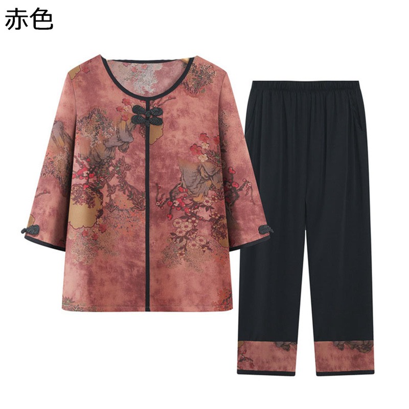 シニアファッション Tシャツ 7分袖 ブラウス 上下セット 中高年 チャイナボタン レディース 夏服 ロングパンツ ゆったり 通気性 涼しい カジュアル リラックス 敬老の日 婦人服 高齢者