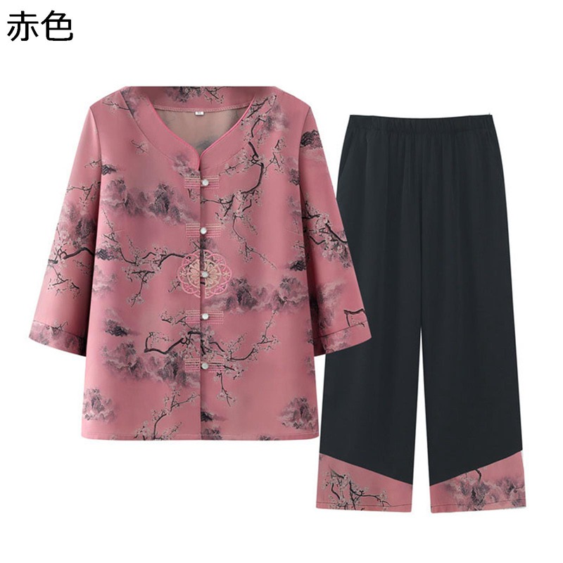 シニアファッション 中華風 Tシャツ 半袖 チュニック 上下セット 中高年 レディース 夏服 イージーパンツ 9分丈 綿麻 ゆったり 薄手 通気性 カジュアル リラックス 母の日 老人服 お婆ちゃん