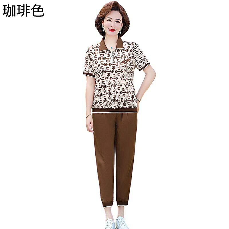 2点セット tシャツ 半袖 ポロシャツ 総柄 9分丈パンツ ハーフジップ 高齢者 レディース 婦人服 中高年 老人 体型カバー 春夏服 コットン 通気性 涼しい ホーム 通勤 お出かけ 40代 50代
