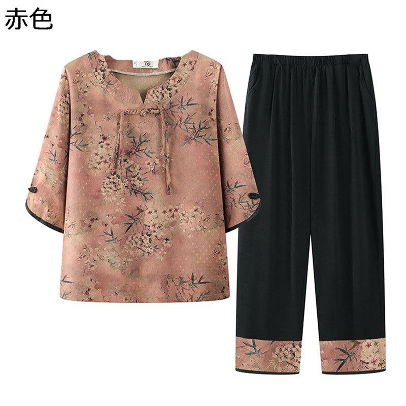 上下セット tシャツ 7分袖 チュニック 唐装 イージーパンツ 9分丈 高齢者 レディース 婦人服 中高年 老人 大きいサイズ 夏服 エスニック 通気性 涼しい カジュアル リラックス 60代 70代