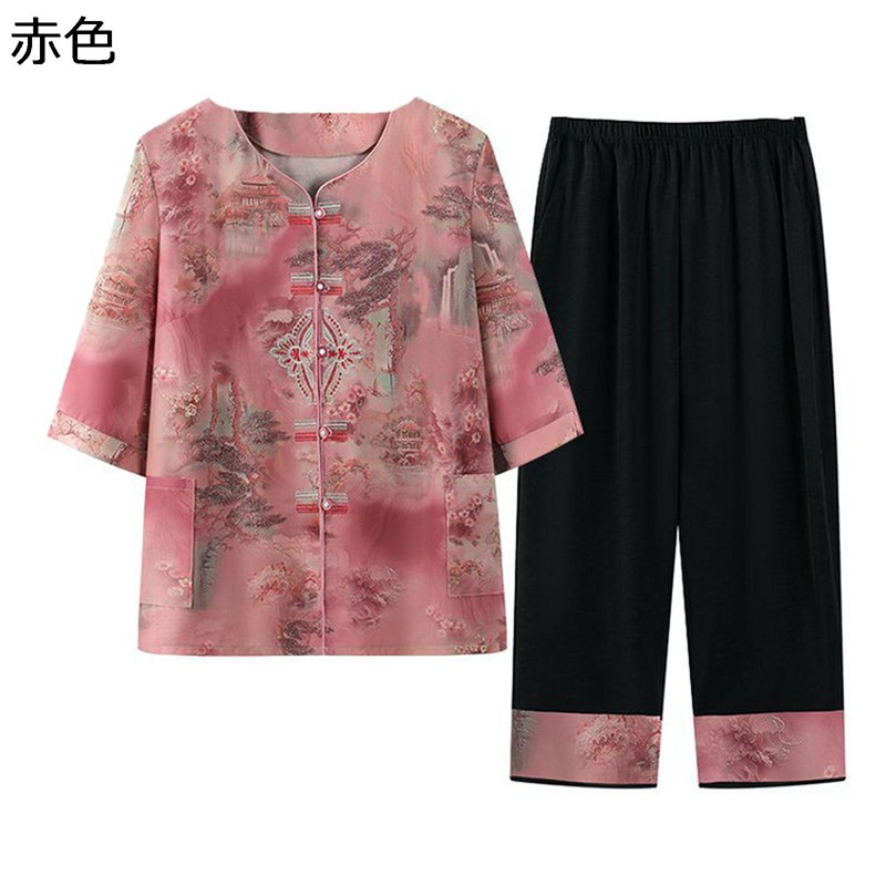 シニアファッション 唐装 tシャツ 半袖 ブラウス セットアップ 中高年 レディース 夏着 イージーパンツ 9分丈 綿麻 ゆったり 冷感 肌に優しい お出かけ リゾート 敬老の日 婦人服 高齢者