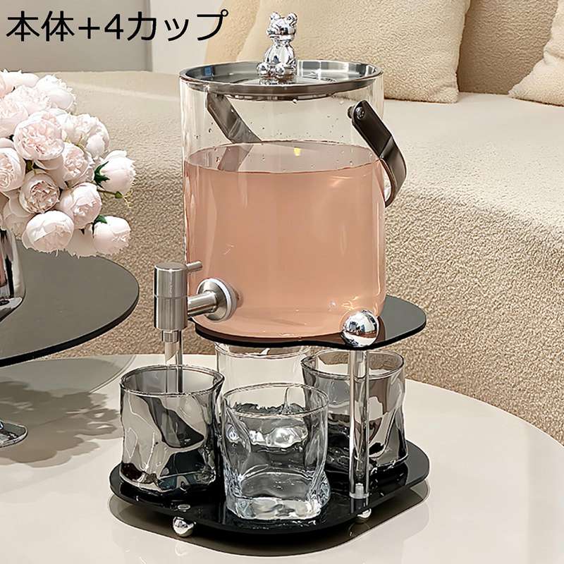 ドリンクサーバー ガラスジャグ ディスペンサー 貯蔵タンク 3.6L 広口 ウォーターポット 蛇口付きピッチャー クリア 冷水筒 ハンドル付き フルーツティー ジュース 麦茶ポット 透明 クラブ お店用