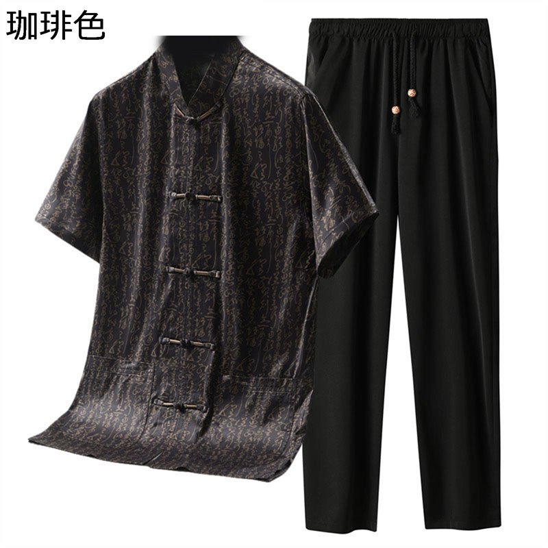上下セット 唐装 伝統服 チャイナシャツ 半袖 ｔシャツ ファッション 通気性 柔らかい 軽量 チャイナ風 チャイナボタン 文字柄 プリント 夏服 日常着用 父の日 プレゼント お祝い