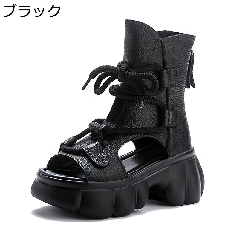 牛革 リラックスサンダル レディース ハイカット サンダル 安定感 通気性 美脚 厚底 オフィス 高反発 オープントゥ 抗菌防臭 身長アップ ビーチ ウォーキング ファッション シンプル 夏用