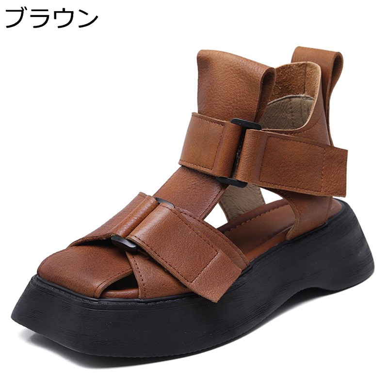 本革 厚底サンダル サンダル レディース 厚底 安定感 つま先保護 マジックテープ 通気性 美脚 ハイカット やわらか 身長アップ 外履き 旅行 休暇 海辺 散歩 オフィス オシャレ シンプル 夏用