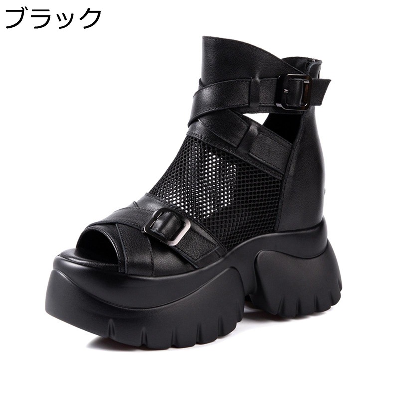 レディース ブーツサンダル インヒール 本革 レザー ハイカット ブーサン 厚底 バックジッパー 履きやすい メッシュ 夏 軽量 コンフォート 通気性 カジュアル 通勤 日常 リゾート