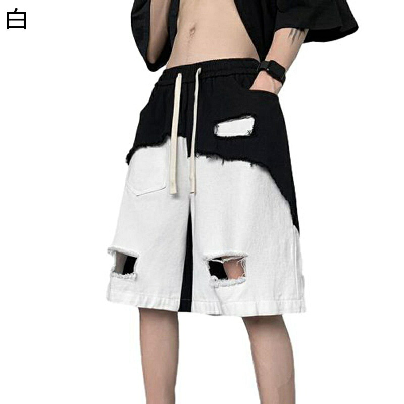 デニムパンツ メンズ ショートパンツ パッチワーク ダメージ ルーズ カジュアルボトムズ 短パン ジーンズ Gパン お洒落 かっこいい 良い肌触り 耐摩耗 ジーパン 五分丈 街着 外出 デイリー 春夏
