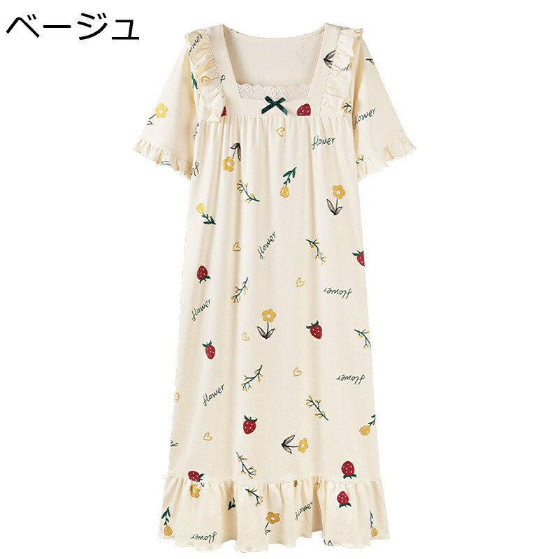 パジャマ ワンピース レース 蝶結び 花柄 苺柄 フリル襟 ルームウェア 半袖 春服 夏 レディース スクエアネック ネグリジェ お風呂上がり ロング かわいい プリンセス風 甘い ソフト 柔らか 日常 女性用