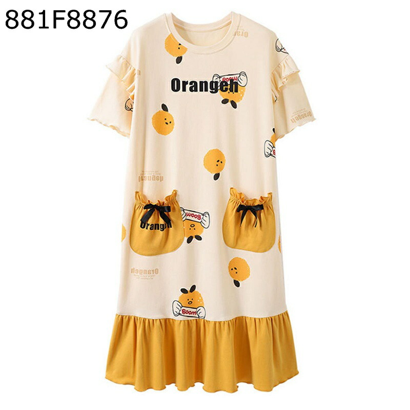 ワンピース パジャマ 半袖 夏 レディース 寝巻き 綿100% ポケット フリル ナイトウェア 寝間着 Tシャツ ネグリジェ かわいい ゆったり 体型カバー ロング丈 敏感肌 乾きやすい ソフト 日常着用 昼寝着