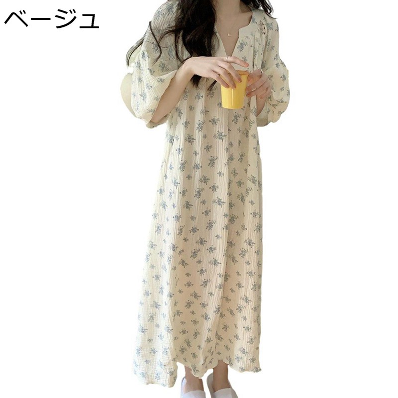 夏 ネグリジェ 小花柄 半袖 部屋着 ルームワンピース 寝巻き 綿100% vネック ルームウェア パジャマ 膝下丈 ロングスリーブ 吸汗 通気性 5分袖 かわいい フランス風 ファッション 柔らか 快適 ゆる 少女