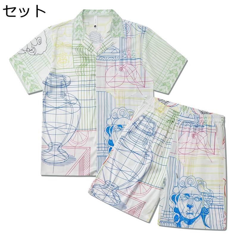夏 セットアップ 手描きの柄 アロハシャツ カジュアル メンズ 軽量 通気性 柄付き 半袖シャツ＋ショートパンツ 2点セット 日焼け止め 旅行 ビーチウェア リゾート おしゃれ 大きいサイズ 5,946円