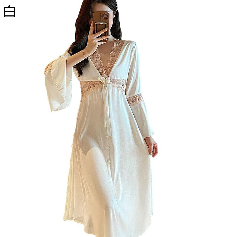 ワンピース パジャマ レース 長袖 春秋 夏 レディース シースルー 透け感 vネック ナイトウェア 部屋着 寝巻き レーヨン ネグリジェ セクシー エレガント 婦人 大人用 ロングワンピース ゆったり 柔らかい 昼寝着