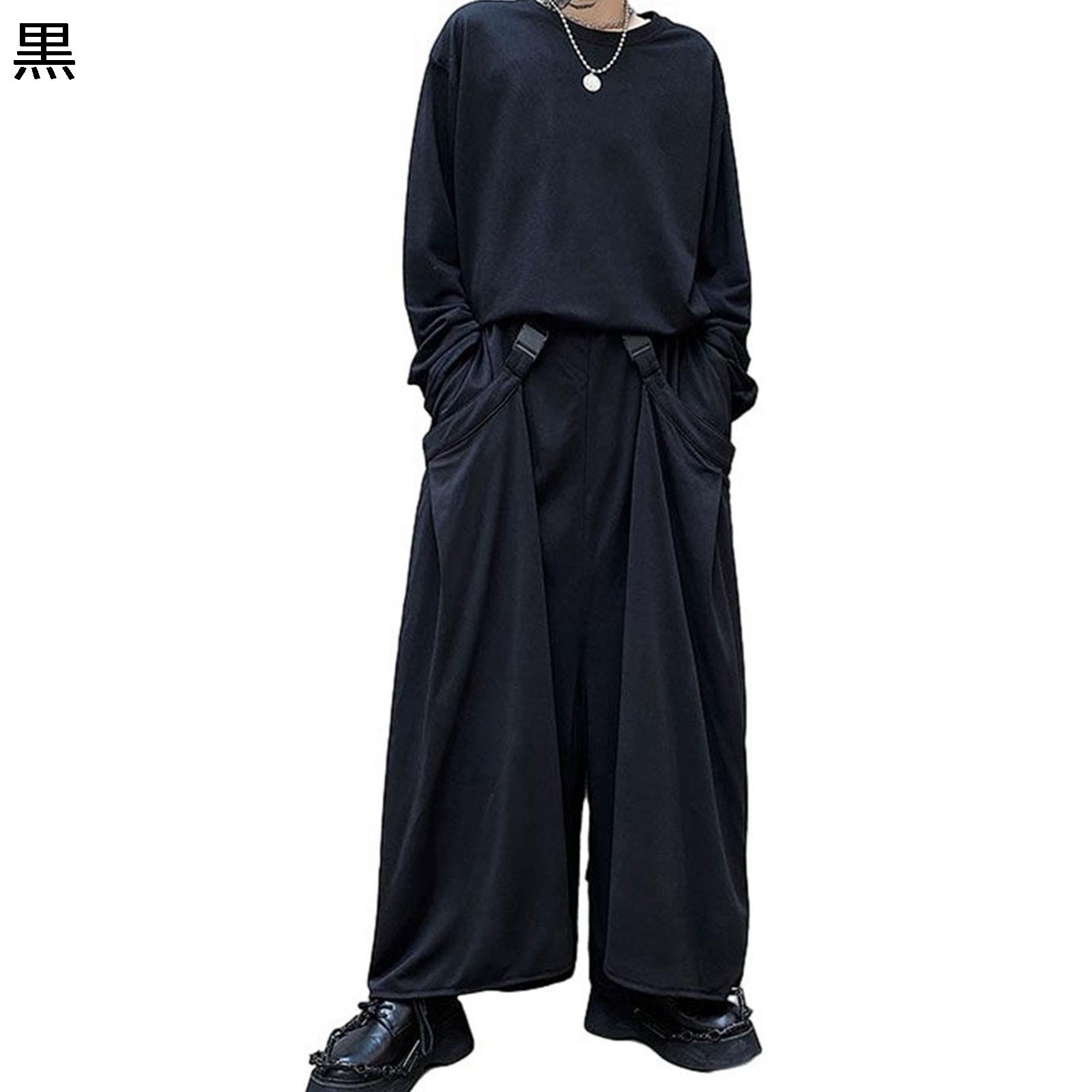 メンズ 袴パンツ サルエルパンツ クール系 ワイド ガチョウパン 男女兼用 ワイドボトムズ 長ズボン 原宿 ベルト飾り ダーク 春 夏 秋 裾広がり アラジン モノトーン ヒップホップ 個性的 黒 形態安定