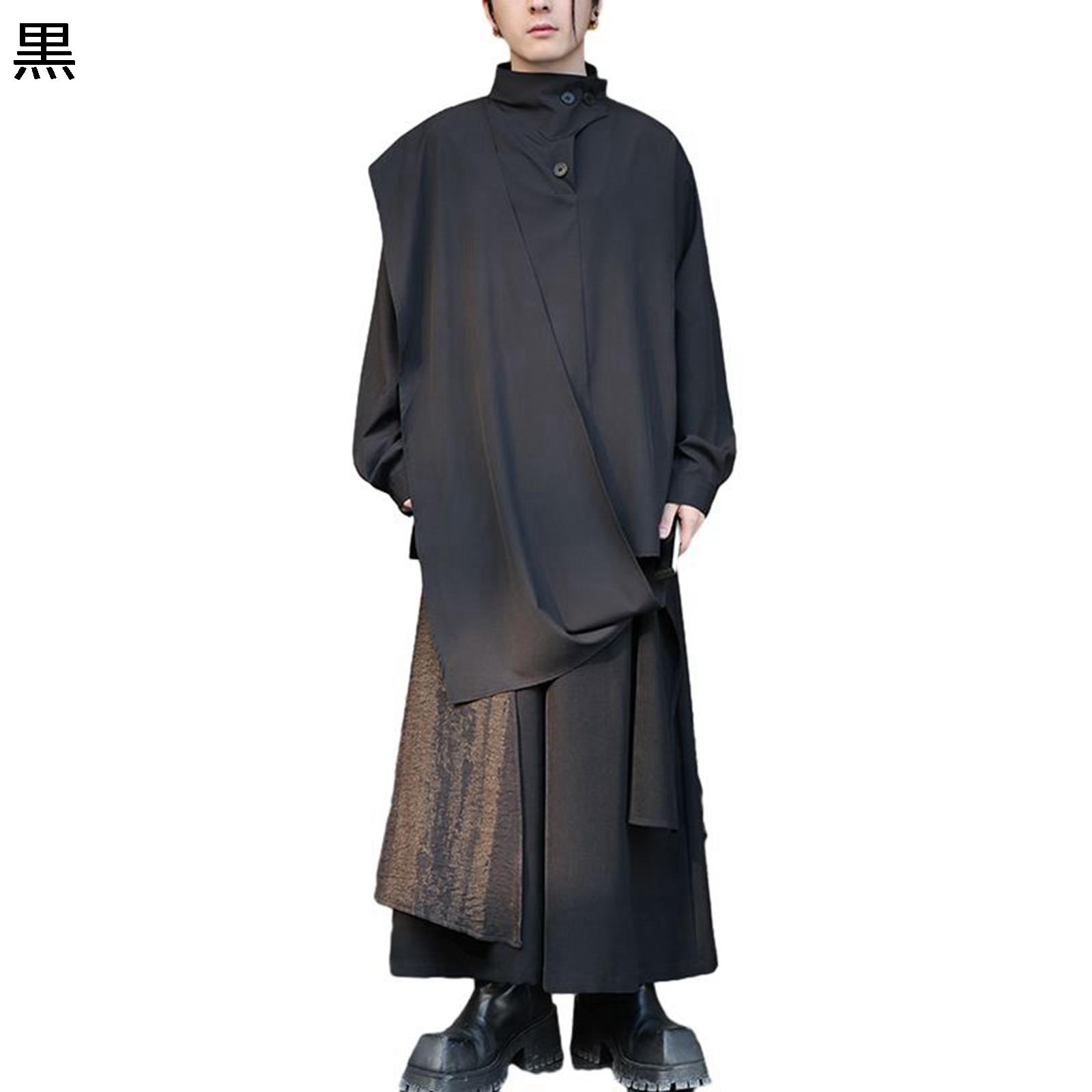 上下セット サルエルパンツ 個性的 シャツ 袴 メンズ ワイドパンツ 窮屈感のない ガチョウパン アシンメトリー デザイン性 男女兼用 大きいサイズ 裾広がり 暗黒系 ストリート アジアン 春夏秋