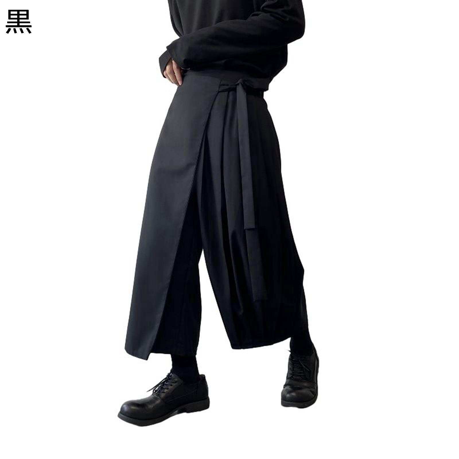 ワイドパンツ 袴パン サルエルパンツ メンズ ダーク系 パッチワーク 暗黒 純色 ガチョウパンツ アシンメトリー オーバーサイズ ダレパン 裾広がり 原宿 病み系 INS 風 デザイン ストリート 春 夏 秋