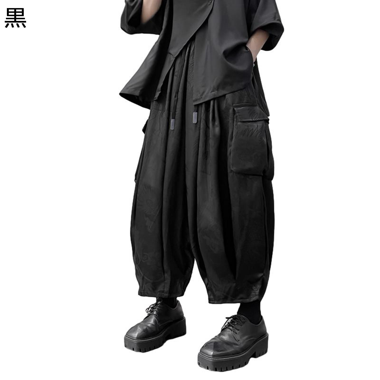 袴パンツ メンズ ワイドボトムズ 変形 サルエルパン ガチョウパンツ バルーン ダーク系 ユニセックス 春夏秋着 オーバーサイズ 闇系 個性的 病み系 無地 軽い ダンス服 原宿 デイリー ダンス 練習