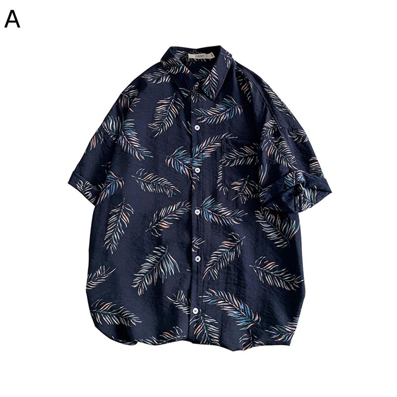 ハワイシャツ アロハシャツ 葉柄 ヤシの木柄 プリント 半袖 ビーチ メンズ 夏服 開襟 夏物 立つ襟 薄手 お兄系 クール ゆったり リラックスフィット 青少年 ジュニア 男子学生 きれいめ着こなし 服 海
