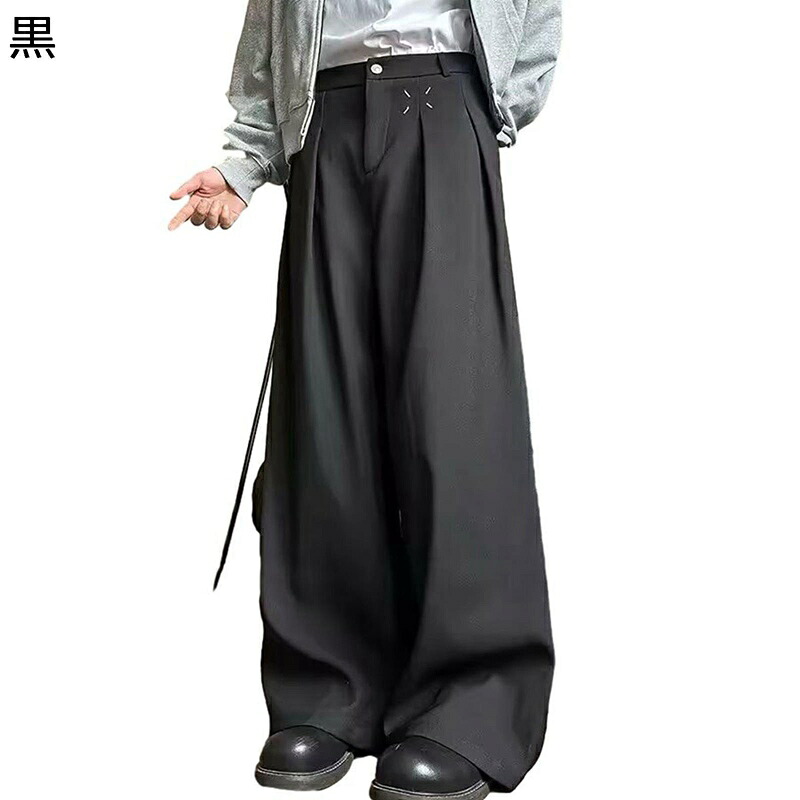 カジュアルパンツ メンズ ワイドボトムズ ストレート 原宿 オーバーサイズ ロング丈 ビッグシルエット 春夏秋 ダーク系 ダレパン 裾広がり 服と相性が良い ベーシック 黒 お出かけ デザイン