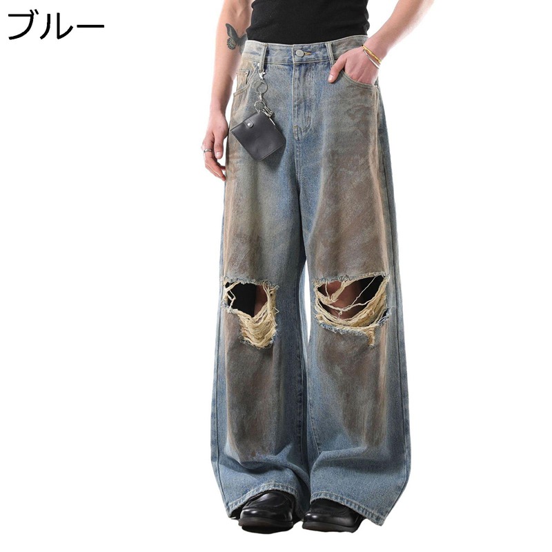 デニムパンツ メンズ レディース ダメージ レトロ ワイドパンツ Gパン ジーパン カジュアル ジーンズ オーバーサイズ おしゃれ アメカジ 四季 良い肌触り 街着 外出 デイリー 着回し力 韓国